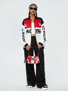 Coolane Veste bomber tendance pour femmes avec graphique lettrage et bord rayé à épaules tombantes