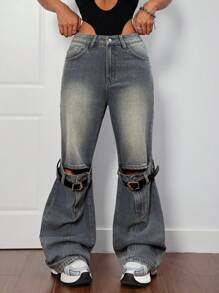 SHEIN ICON Women Y2k Ripped Flared Leg Jeans - Medium Wash - View 3