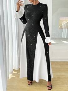 Calvaya Women's Elegant Glitter Splice Hem & Cuff Long Sleeve A-Line Dress, Autumn/Winter Maxi Women Outfit