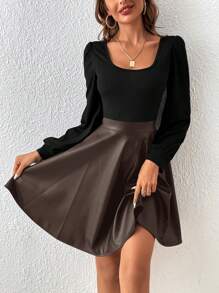 SHEIN Frenchy 方领灯笼袖 PU 皮革 A 字形连衣裙（无腰带）