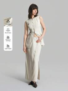 Ontre 2 件套女士亚麻圆领前扣背心和开衩下摆裙，适合返校、秋季休闲装