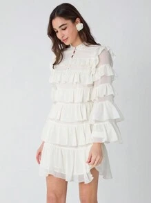 Enchnt Đầm tay chuông xếp nếp màu trơn thanh lịch cho nữ, mùa thu - Màu be - Xem 8