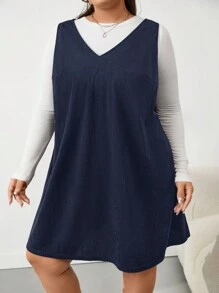 SHEIN CURVE+ French Style Solid Color V-Neck Corduroy Dress (Sweater Not Included)