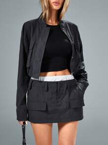 GENKIRA Nuevo conjunto de 2 piezas de chaqueta corta con bolsillos tipo cargo y falda mini, estilo callejero suelto, para primavera/otoño, para el Día de San Valentín y primavera, para mujeres - Gris Oscuro - Ver 4