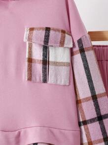 SHEIN 2pcs/Set Tween Girl Loose Knitted Patchwork Plaid Hoodie With Relaxed Hem Sweatpants Set - Pink - View 7