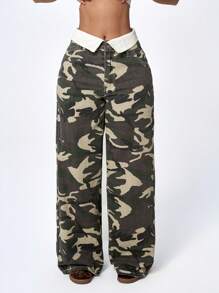 SHEIN ICON Jeans sueltos y holgados de estilo casual con cintura plegable y estampado de camuflaje, estilo versátil, para mujer - Jeanoix