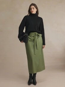 BizChic Plus Size Women's PU Leather Lace-Up Elegant Office Winter Skirts - Army Green - View 1