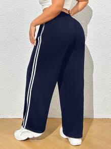 SHEIN EZwear Plus Size Mulheres Cintura Elástica Casual Lateral Listrado Perna Larga Calças de Moletom Soltas