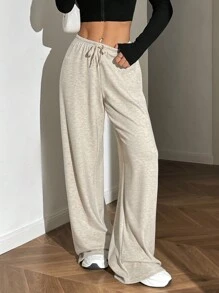 SHEIN EZwear Plus Size Simple Floral Chiffon Ribbed Knit Drawstring Pants
