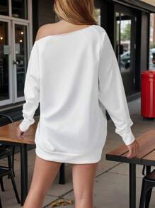 Teen Girl Asymmetric Neck Letter Print Loose Fit Long Sleeve Sweatshirt, Autumn Winter