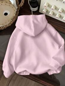 SHEIN EZwear Áo hoodie rộng rãi phong cách Mỹ cổ điển tối giản in hình tiếng Anh cho nữ - Màu Hồng baby - Xem 4