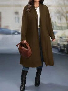 SHEIN Clasi Áo khoác dài tay màu trơn cỡ lớn cho nữ, đơn hàng khuy, dài thường ngày, mùa thu/đông - màu nâu - Xem 4