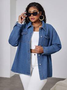 SHEIN Essnce Chaqueta vaquera de talla grande, estilo informal de manga larga con forro polar azul ahuecado, disfraz de Navidad para mujer, ropa de Acción de Gracias, atuendo de regreso a casa, ropa de invierno, disfraz de vaquera, chaqueta de forro polar y vaquera de invierno para mujer, chaquetas de mujer para otoño, chaqueta de forro polar