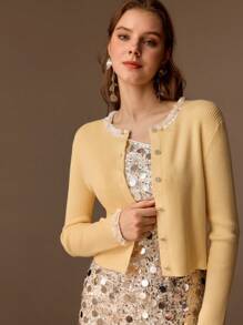 MOTF PREMIUM CONTRAST FAUX PEARL AND SEQUIN TRIM RHINESTONE BUTTON PLACKET RIBBED KNIT CARDIGAN - Yellow - View 5