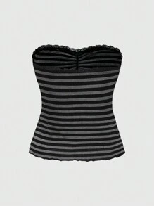 ROMWE Grunge Punk Sexy Vacation Lace Trim Leopard Print Bow Decor Shirred Elastic Fitted Women Top