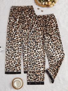 Set de 2 pantalones de pijama de satén con estampado de leopardo para mujeres - Negro - Ver 2