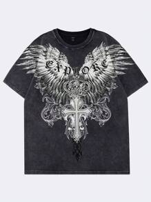 ROMWE MEN Men Gothic Style Washed Print Short Sleeve T-Shirt, Summer, Halloween - Black - View 1