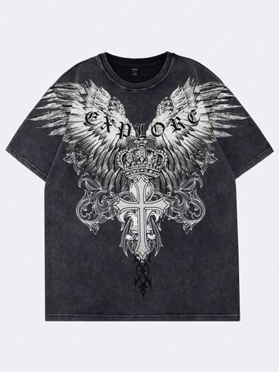 ROMWE MEN Men Gothic Style Washed Print Short Sleeve T-Shirt, Summer, Halloween