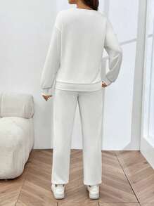 SHEIN Maternity Contrast Sequin Drop Shoulder Sweatshirt & Sweatpants - White - View 2