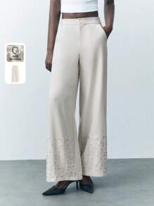 Maija Women's Wide Leg Loose Fit Elegant Office Trousers With Pockets & Rhinestone Decor