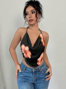 Firerie 1 Stück Damen Ärmellose Bodycon Tank Top mit Blumenprint und gerafftem Kragen, elegant und sexy, Sommer