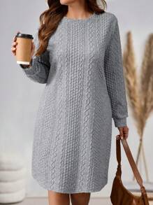 Plus Size Solid Color Textured Long Sleeve Dress, Suitable For Autumn And Winter