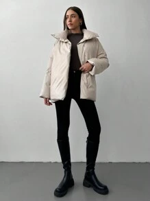 Aloruh Women's Casual Chic High Neck Loose Fit Long Sleeve Padded Coat - Apricot - View 6