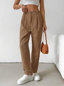 SHEIN EZwear Quần bút chì nhung kẻ đơn sắc cài nút phía trước đơn giản, giản dị dành cho nữ - màu nâu - Xem 5