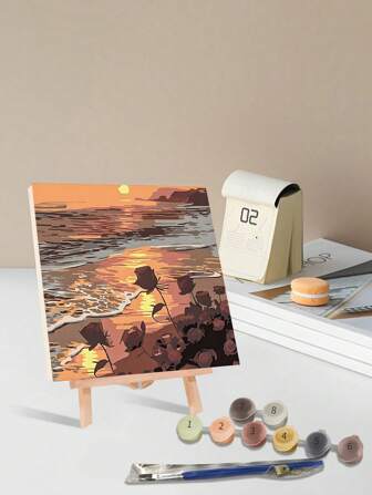 1pc Paint By Numbers Kit For Adults Beginners, Sunset By The Sea With Rose,20 Wx20 L Or 30 Wx30 L Canvas Pictures ,Drawing Paintwork With 2 Pcs Paintbrushes,Acrylic Pigment Flowers And Landscapes,DIY Painting,Home Wall Decor Christmas For Holiday Gift Giving