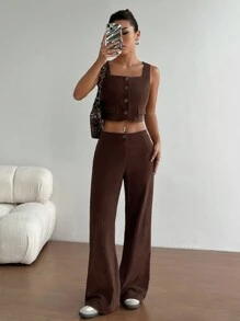 Flirla Set de 2 piezas de top sin mangas y pantalones de pierna ancha de pana ligera para mujer, para uso casual, trabajo y compras