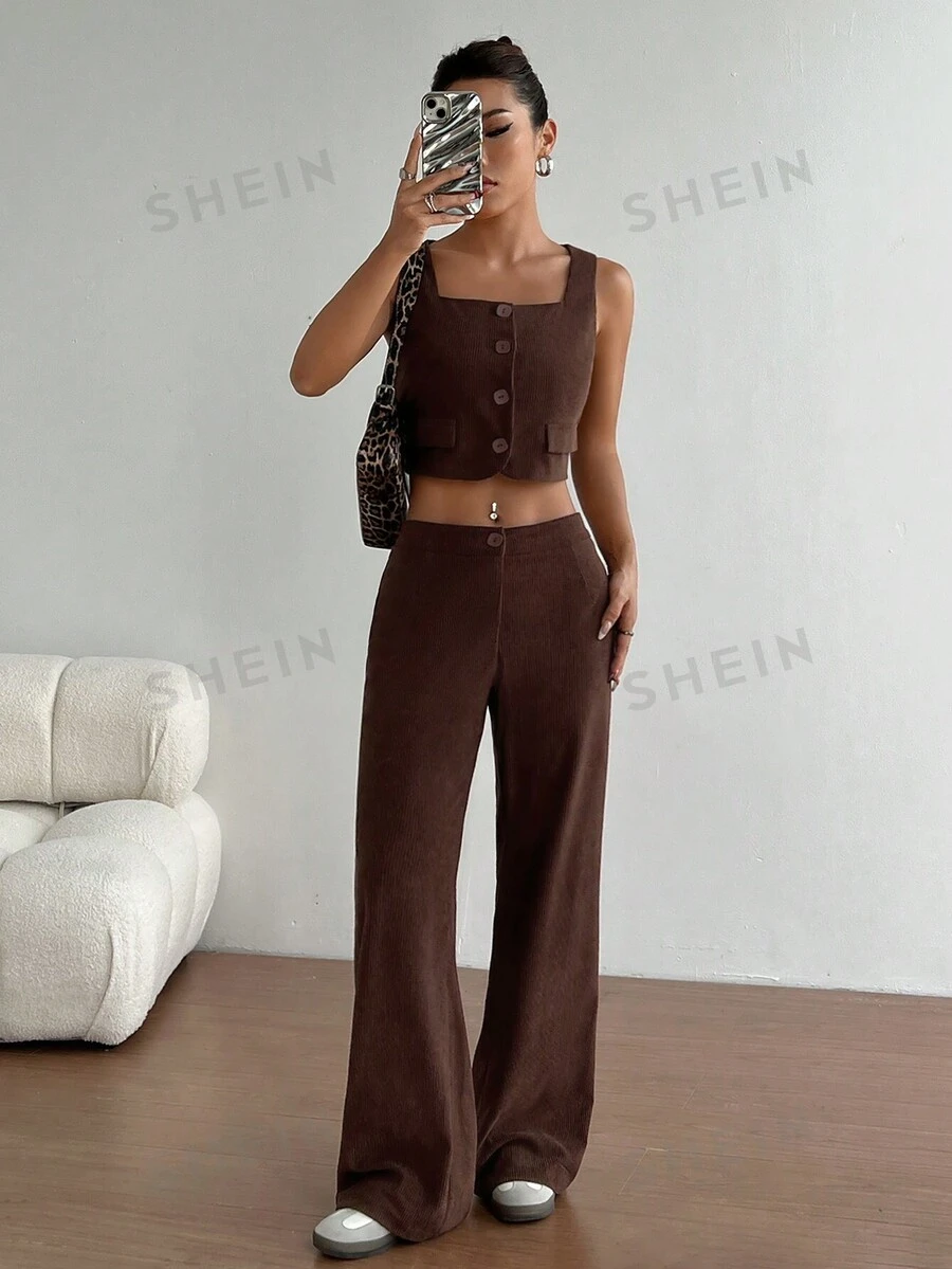 Flirla Set de 2 piezas de top sin mangas y pantalones de pierna ancha de pana ligera para mujer, para uso casual, trabajo y compras