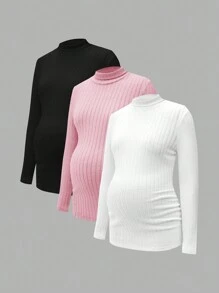 SHEIN Maternity Fashionable Rib Knit Slim Fit Mock Neck Long Sleeve Top - Multicolor - View 5