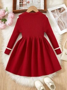 SHEIN Vestido suéter para niñas jóvenes, sencillo, de moda, elegante, con decoración de perlas, cuello Peter Pan, manga larga, cuello redondo de punto, tela suave, adecuado para uso diario, salidas, viajes, vacaciones, hogar, guardería, juegos de niñas jóvenes, escuela, fiesta