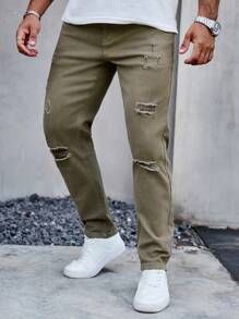 Manfinity Homme Men's Casual Distressed Tapered Fit Jeans - Green - View 7