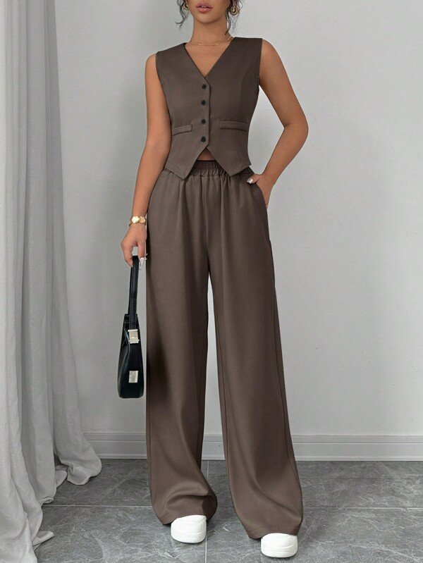 Chiquease Set de 2 piezas: Chaleco sin mangas con escote en V sencillo a cuadros + Pantalones rectos informales