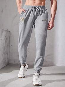Manfinity Fitness Men's Pocket & Drawcord Patched Casual Sweatpants With Cuffed Hem - Light Grey - View 1