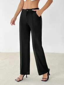 SHEIN PETITE Pantalones rectos lisos de uso casual y de oficina para mujeres