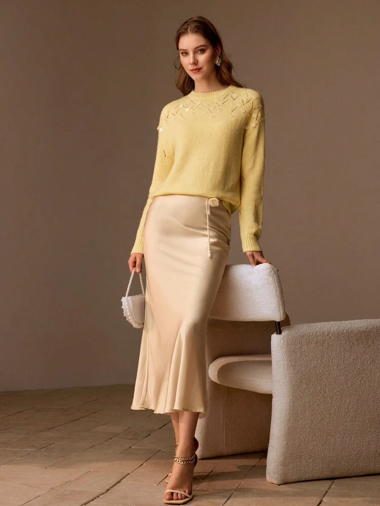 SOLID CONTRAST SEQUIN DETAIL DROP SHOULDER OVERSIZE SWEATER