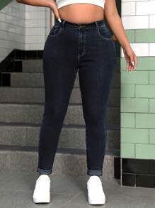 SHEIN EZwear Pantalones vaqueros pitillo de talla grande en lavado oscuro con estampado de pata de gato, conjuntos de verano elásticos para mujer, looks de festival casuales