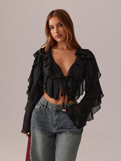 SHEIN SXY Blusa negra; Ropa de mujer de otoño; Tops cortos; Camisa de mujer con mangas largas, escote profundo en V, transparente con malla y volantes en el cuello para fiestas y reuniones