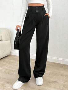 EURMUSE Women Solid Color High Waist Straight Pants - Black - View 4