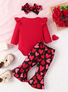 SHEIN 3pcs Adorable Baby Girl Outfit Set, Including Bodysuit With Heart Letter Print, Flare Pants With Bowknot, And Headband - Red - View 2