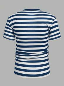 Manfinity Homme Camiseta casual de cuello redondo de manga corta con estampado de rayas para hombres