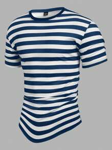 Manfinity Homme Camiseta casual de cuello redondo de manga corta con estampado de rayas para hombres