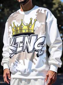 Men's Pullover Sweatshirt, Autumn/Winter Round Neck Pullover Sweatshirt, Casual Loose Hip-Hop Style, College Style, Street Style, Funny Digital Printing, Retro Graffiti Design, Sporty Long Sleeve Fashionable, Crown PRINCE Family Matching Outfits - Multicolor - View 3