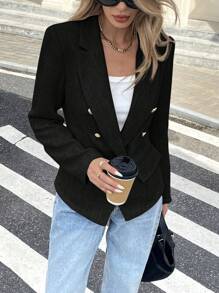 SHEIN Frenchy Áo khoác blazer nữ cổ nhọn hai hàng khuy đơn giản màu trơn, phong cách công sở thu đông - màu đen - Xem 3