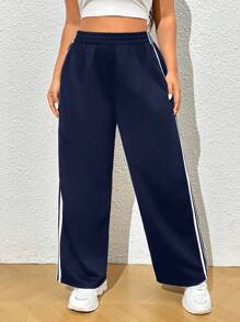 SHEIN EZwear Plus Size Mulheres Cintura Elástica Casual Lateral Listrado Perna Larga Calças de Moletom Soltas