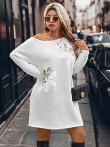 SHEIN LUNE فستان نسائي بياقة دائرية منسوج بخرز مطرز للسيدات البدينات، طول الركبة، متقشف مناسب للخريف/الشتاء أللسمات البدينة، مناسبٌ للهالوين، رأس السنة، عيد الحب، ، ، عيد الفصح، الحفلات، ليلة رأس السنة، فستان تبريدي، ملابس تخفف التوتر، ثوب سهرة، موضة أنيقة للنساء، بدلة ترفيهية