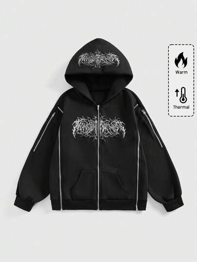 Grunge Punk Women's Gothic Letter Print Zip-Up Dolman Sleeve Casual Hoodie, Spring & Autumn