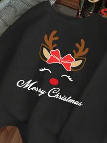 SHEIN Tween Girl 休闲简约设计圣诞印花圆领厚运动衫，适合秋冬季 - 黑色 - 查看 4